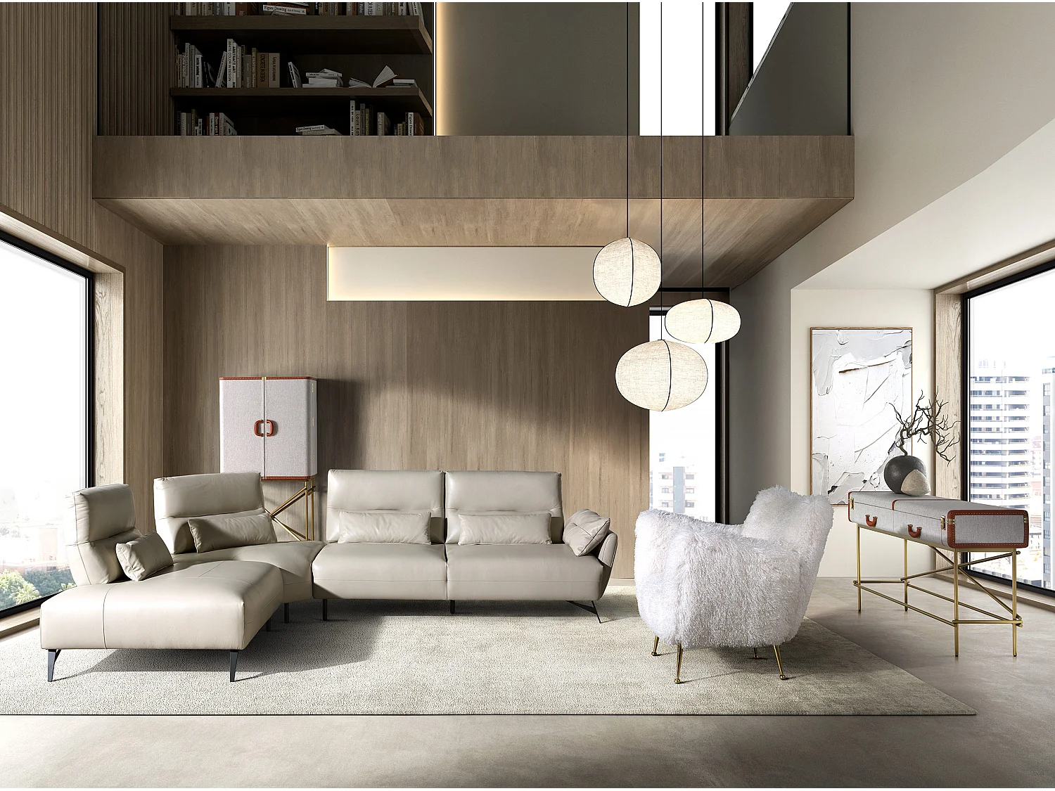 Großes Sideboard, Stoff, Nussbaum und goldfarbener polierter Stahl 3272 ANGEL CERDA