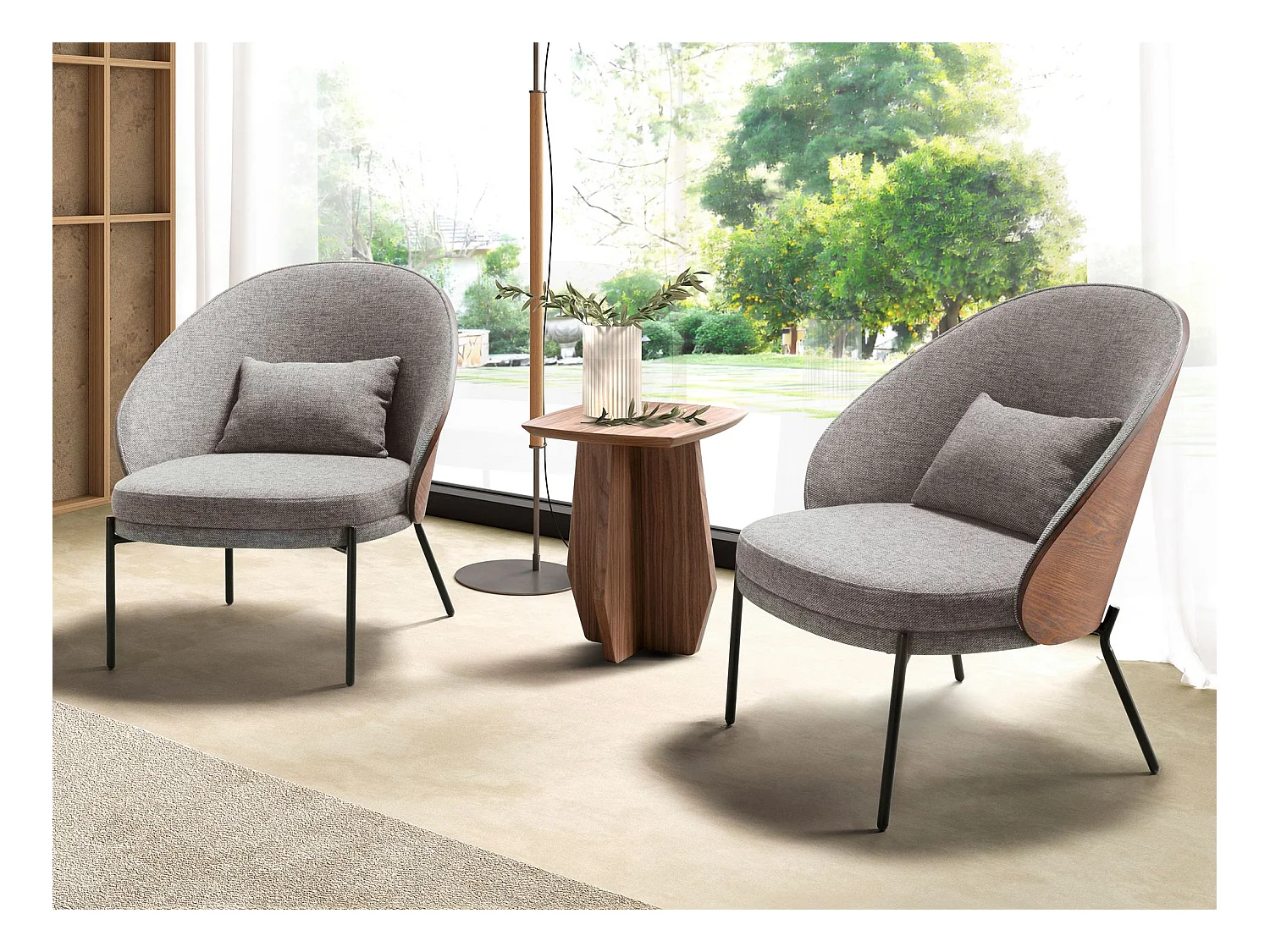 Sessel aus grauem und walnussfarbenem Stoff 5184 ANGEL CERDA