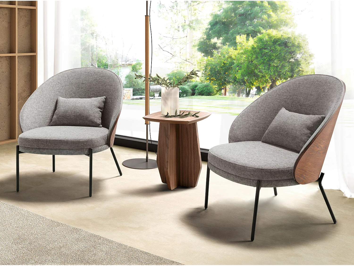 Sessel aus grauem und walnussfarbenem Stoff 5184 ANGEL CERDA
