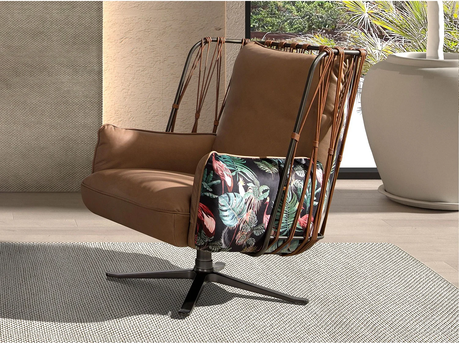 Fauteuil pivotant en cuir et tissu marron imprimé 5168 ANGEL CERDA