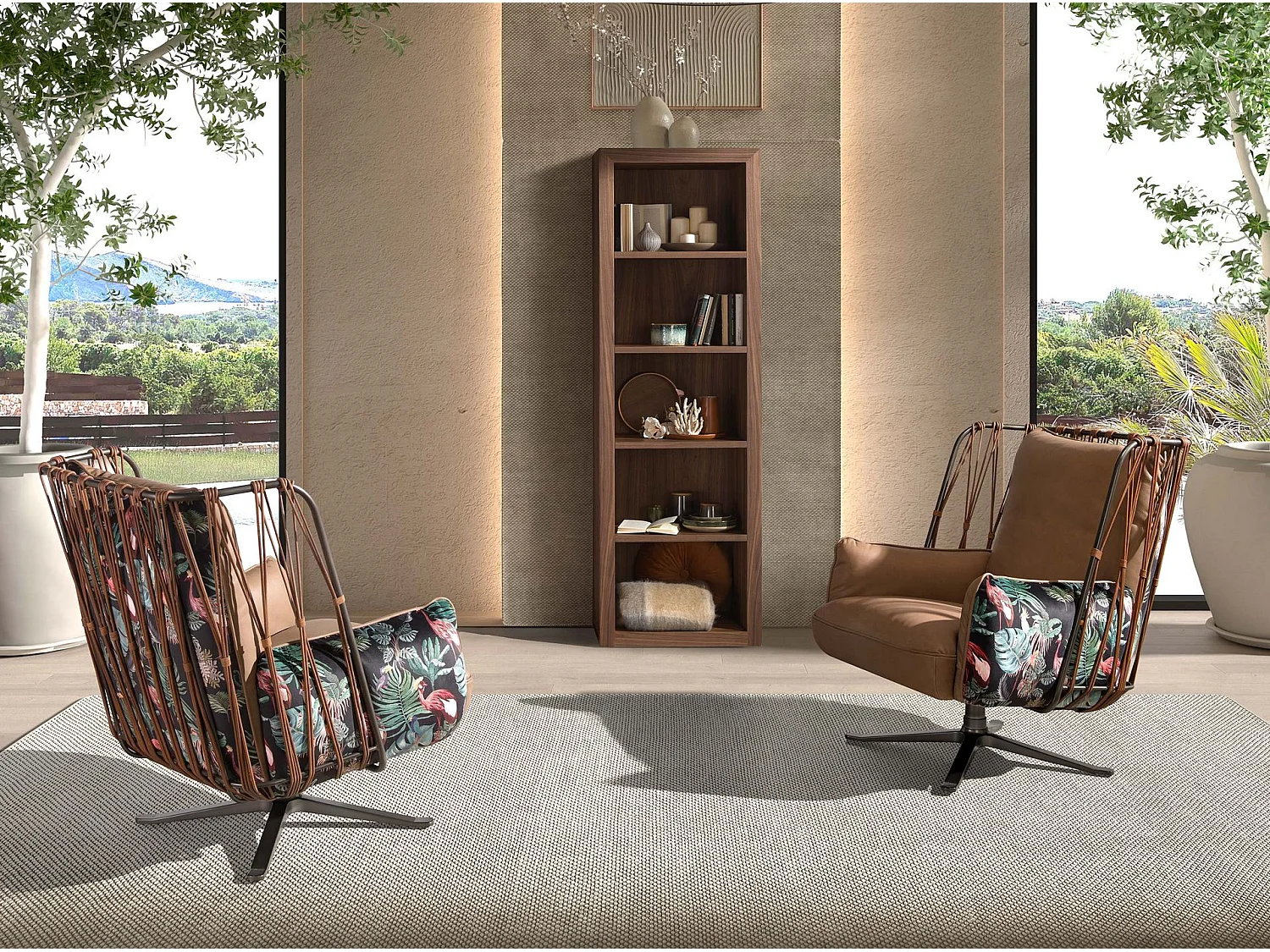 Fauteuil pivotant en cuir et tissu marron imprimé 5168 ANGEL CERDA