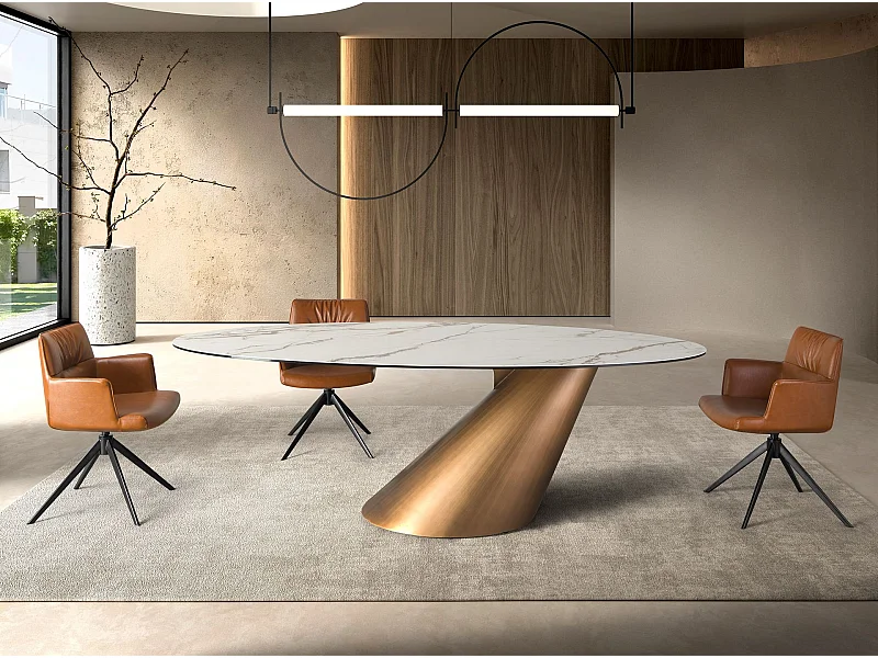 Ovaler, ausziehbarer Esstisch mit Porzellanmarmor und bronzefarbenem Stahlfass 1160 ANGEL CERDA