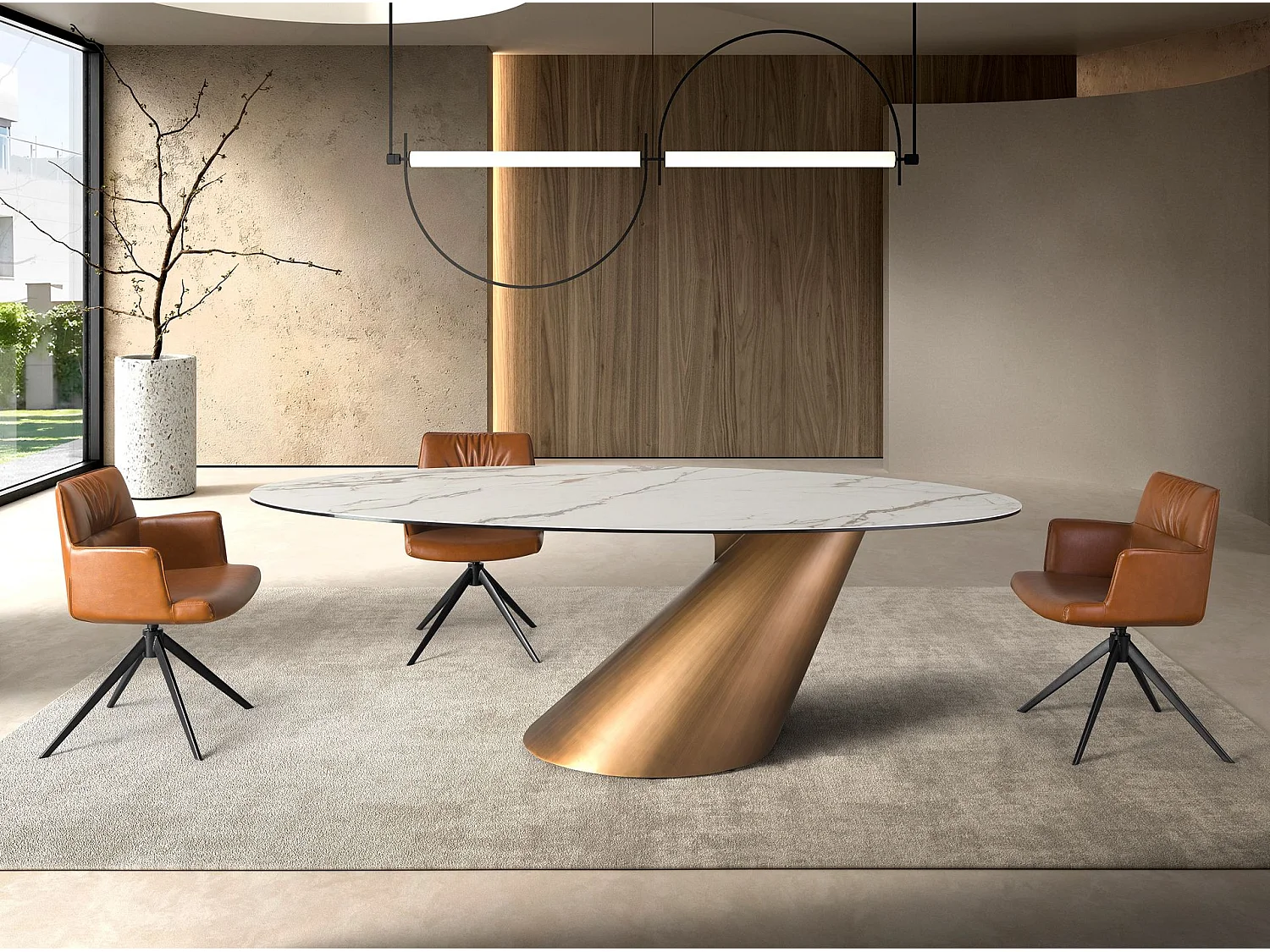 Table de salle à manger ovale en marbre de porcelaine et tonneau en acier couleur bronze 1160 ANGEL CERDA