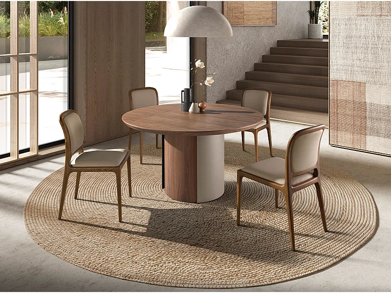 Runder Esstisch Nussbaum und Stahl metallic sand