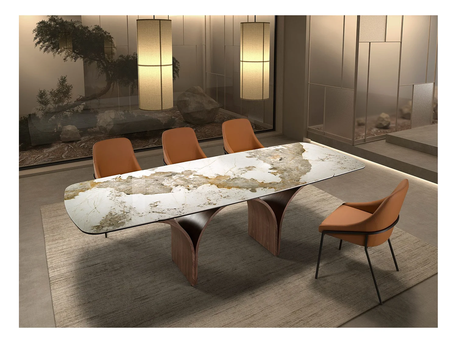 Table de salle à manger rectangulaire à rallonge en marbre porcelaine et acier effet noyer 1156 ANGEL CERDA