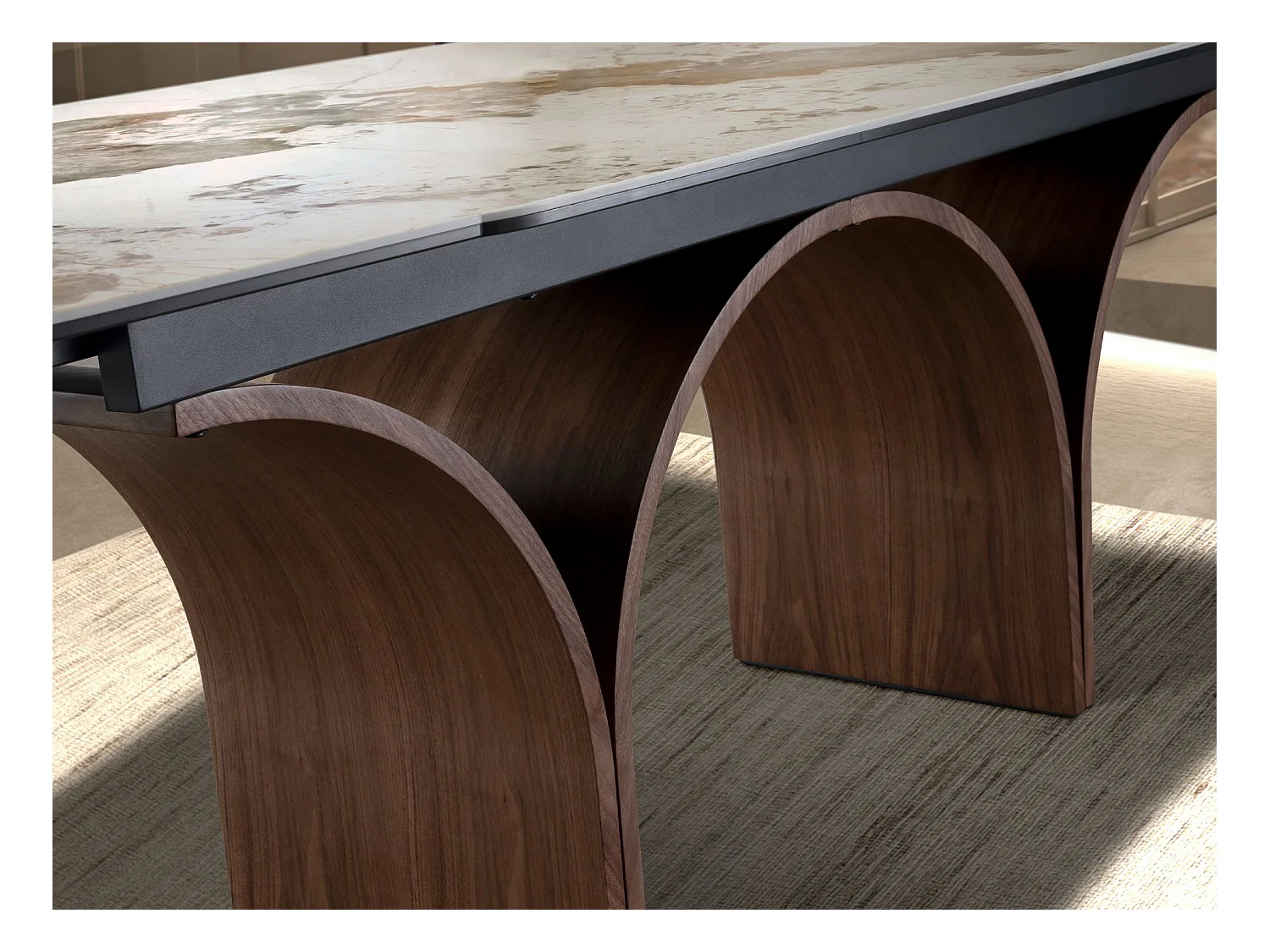 Table de salle à manger rectangulaire à rallonge en marbre porcelaine et acier effet noyer 1156 ANGEL CERDA