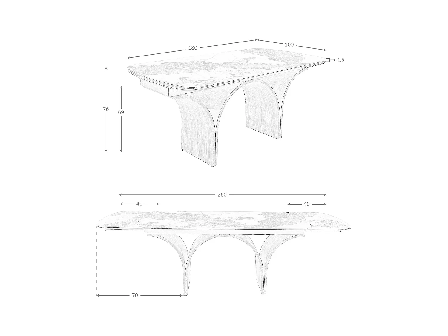 Table de salle à manger rectangulaire à rallonge en marbre porcelaine et acier effet noyer 1156 ANGEL CERDA