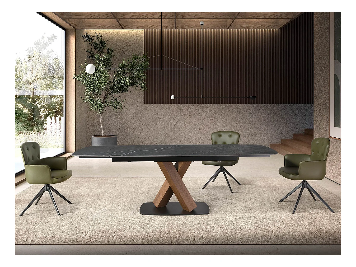 Table de salle à manger ovale à rallonge en marbre de porcelaine et tonneau en noyer 1149 ANGEL CERDA