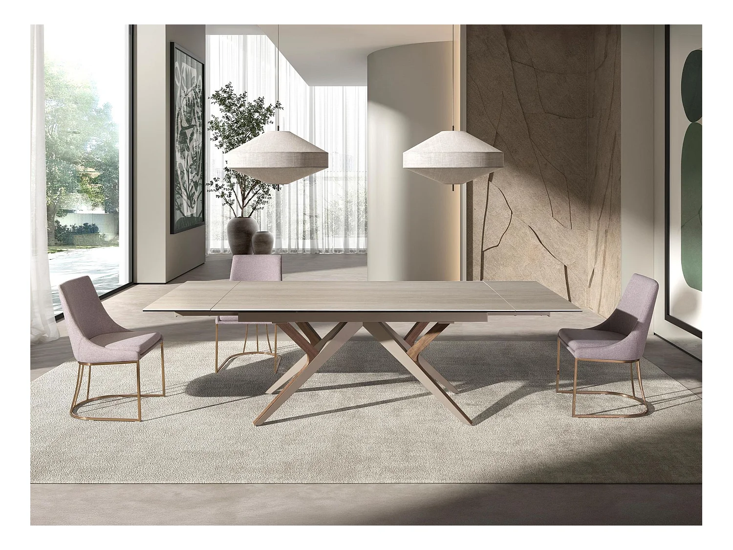 Rechteckiger ausziehbarer Esstisch aus Porzellanmarmor, Stahl in Sandmetallic und Nussbaum 1155 ANGEL CERDA