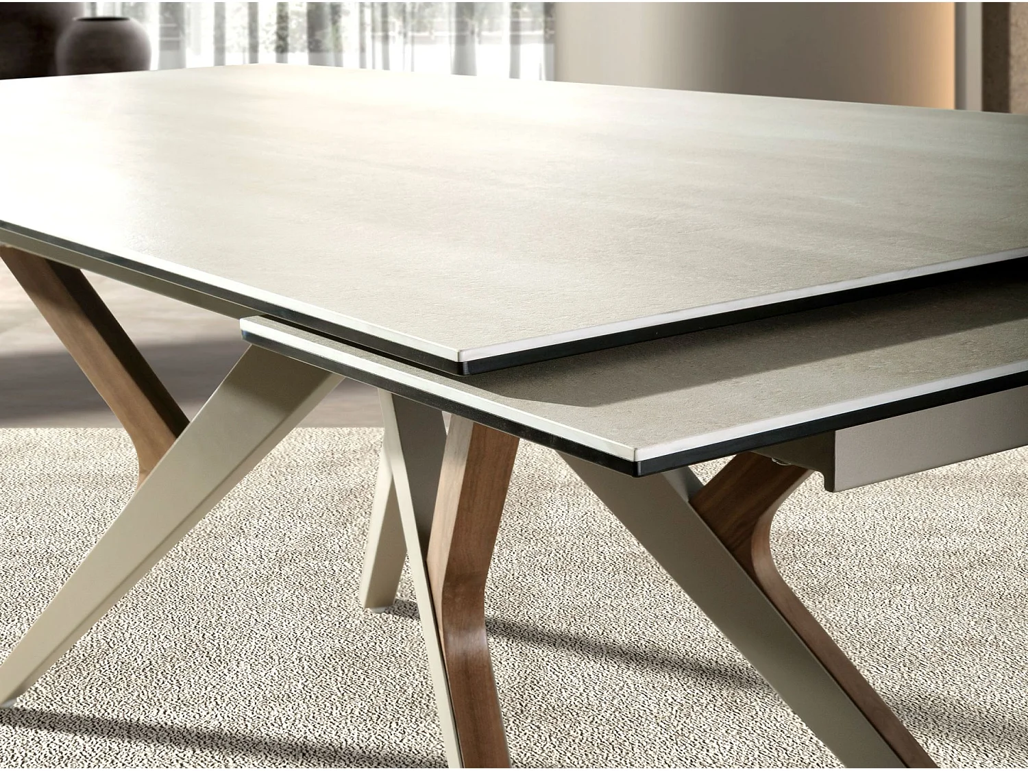 Table de salle à manger rectangulaire à rallonge en marbre porcelaine, acier sable métallique et noyer 1155 ANGEL CERDA