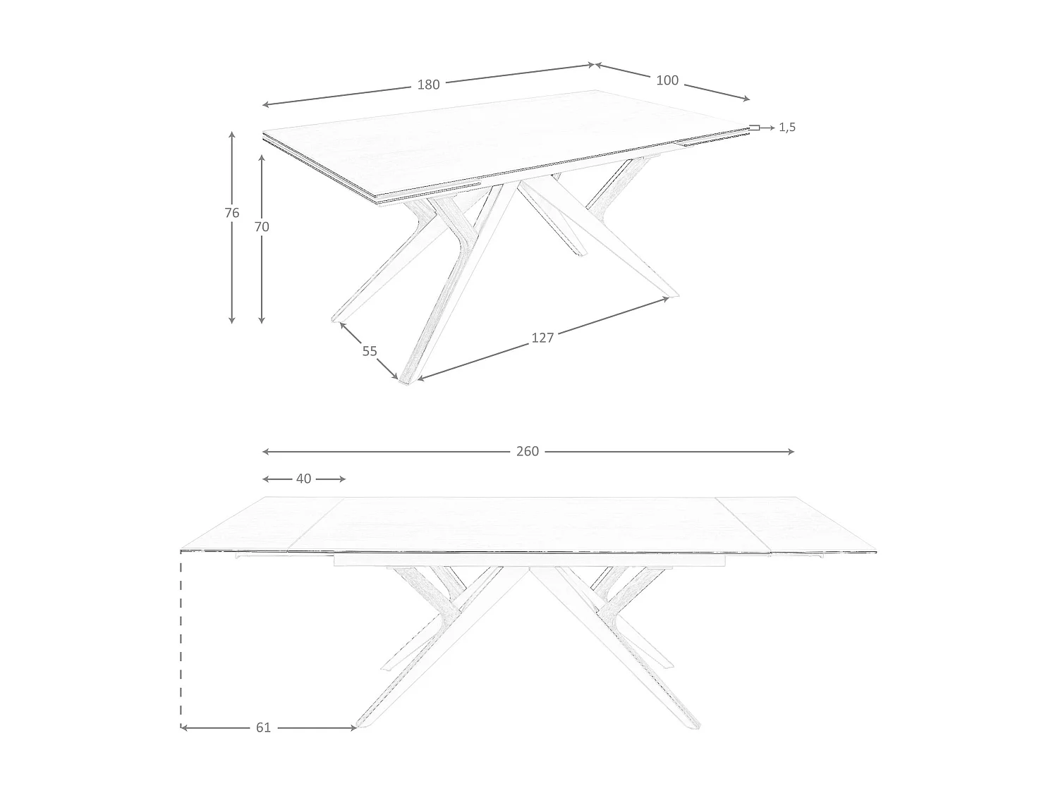 Table de salle à manger rectangulaire à rallonge en marbre porcelaine, acier sable métallique et noyer 1155 ANGEL CERDA