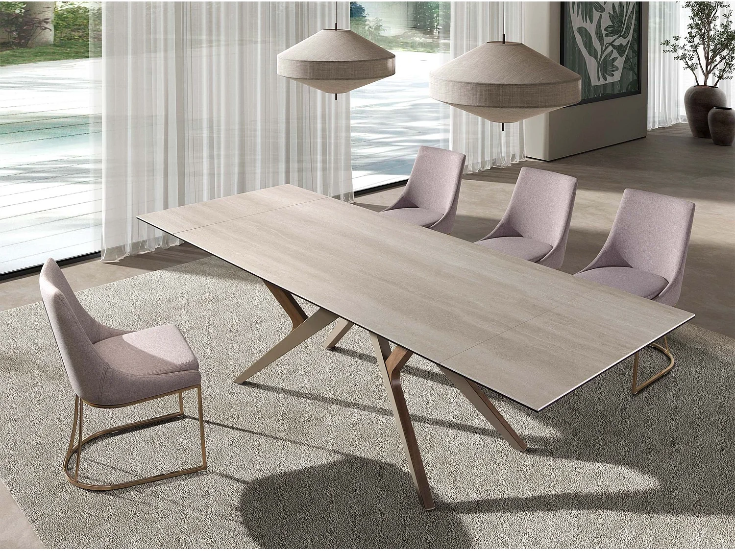 Rechthoekige uitschuifbare eettafel in porseleinmarmer, staal met zandmetallic en walnoot 1155 ANGEL CERDA