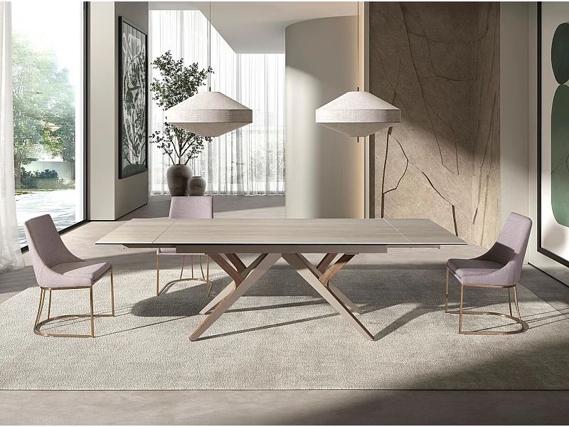 Mesa comedor extensible rectangular mármol porcelánico, acero arena metalizado y nogal 1155 ANGEL CERDA