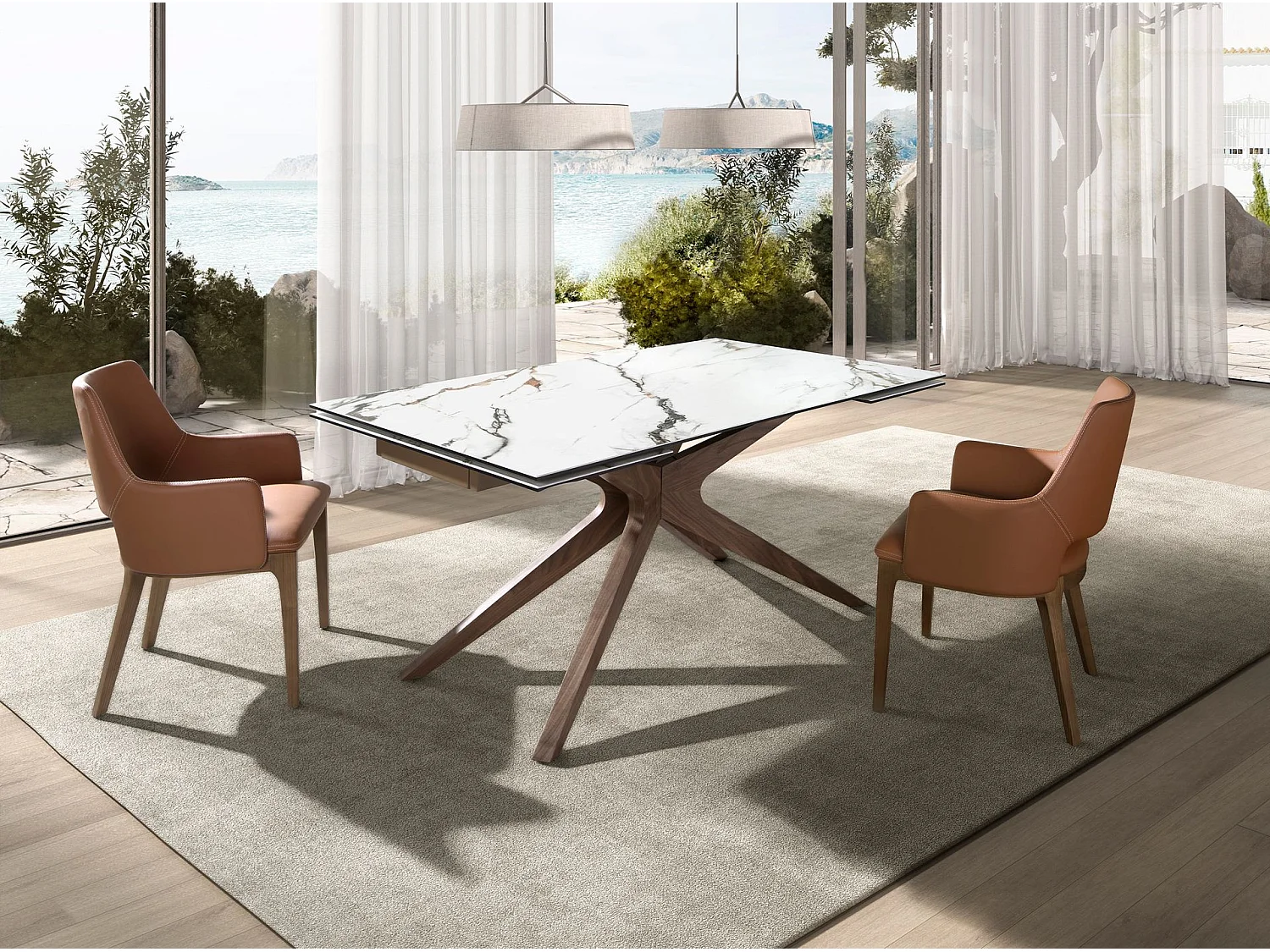 Table à manger extensible rectangulaire en marbre porcelaine et noyer 1157 ANGEL CERDA