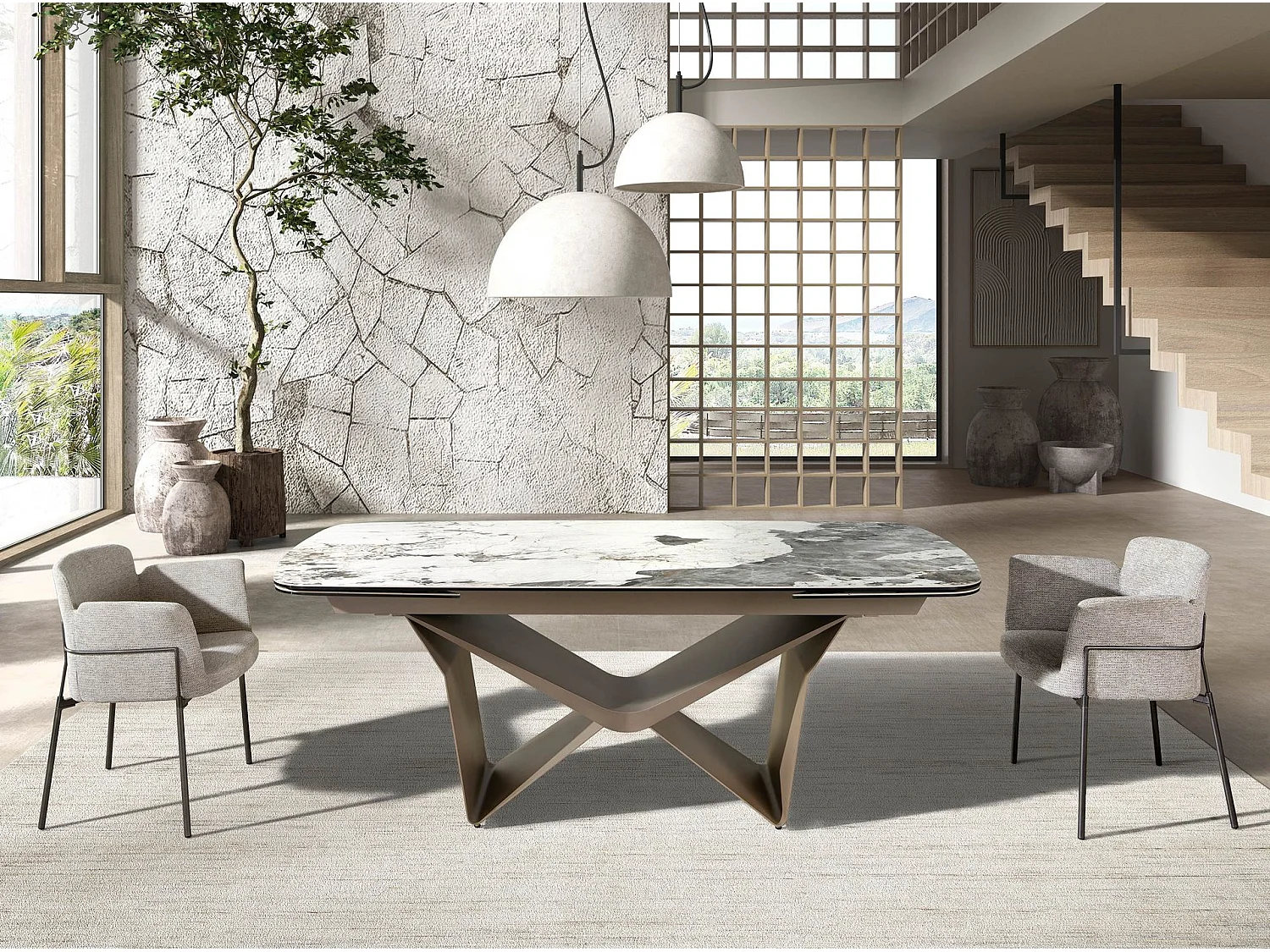 Ovaler ausziehbarer Esstisch Oval Barrel Porzellan Marmor und Taupe metallischen Stahl 1154 ANGEL CERDA