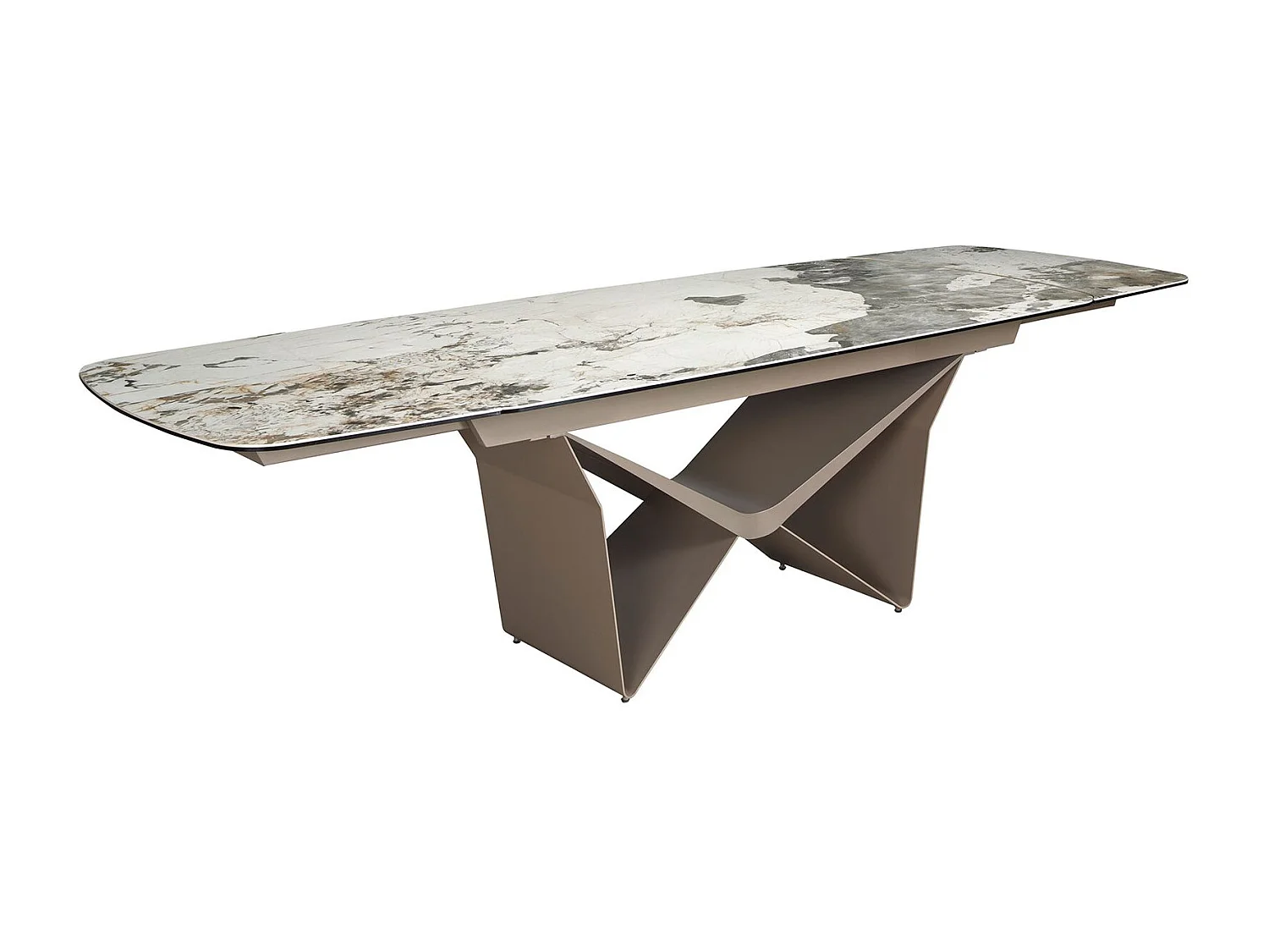 Ovaler ausziehbarer Esstisch Oval Barrel Porzellan Marmor und Taupe metallischen Stahl 1154 ANGEL CERDA