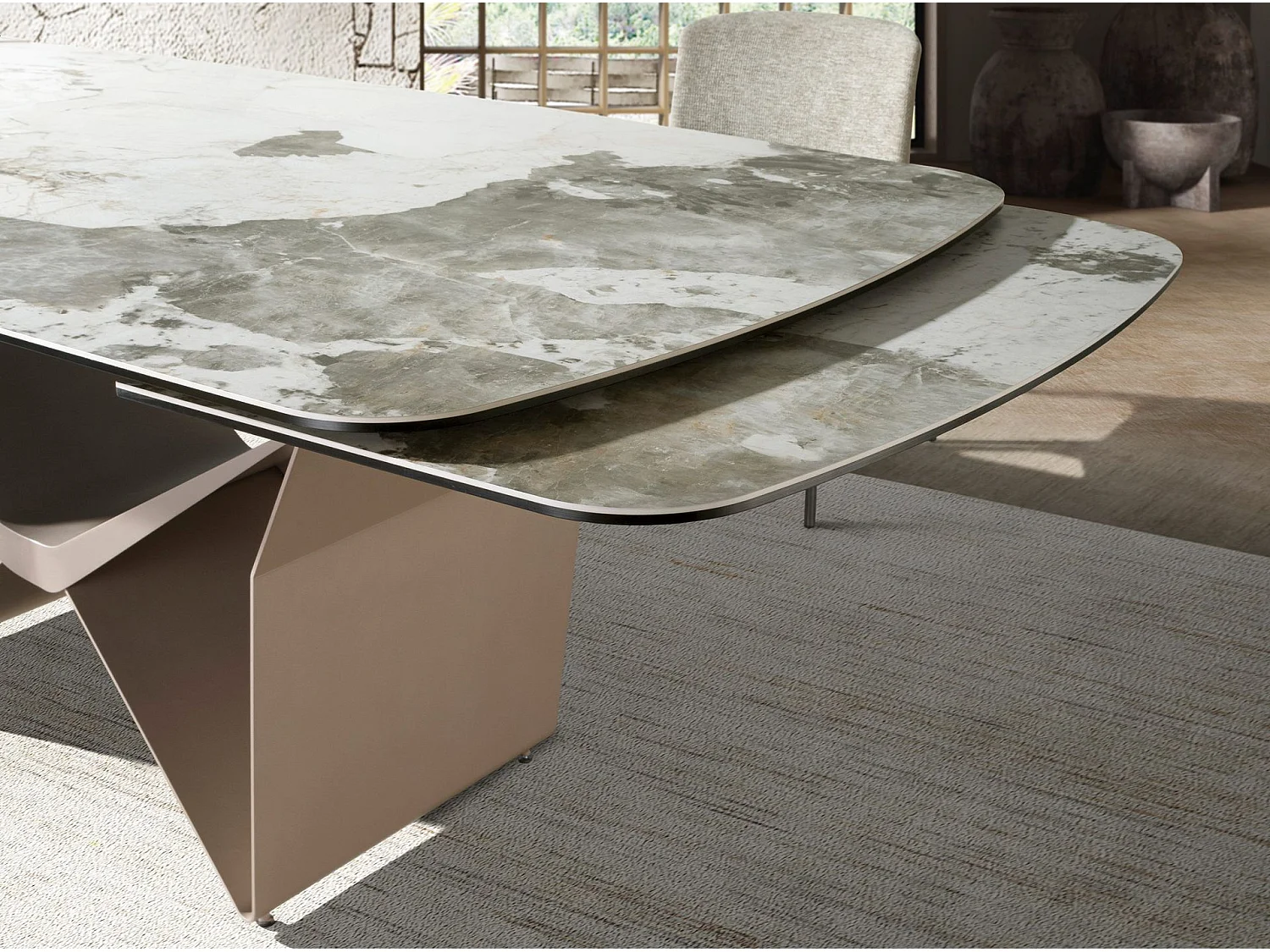 Ovaler ausziehbarer Esstisch Oval Barrel Porzellan Marmor und Taupe metallischen Stahl 1154 ANGEL CERDA