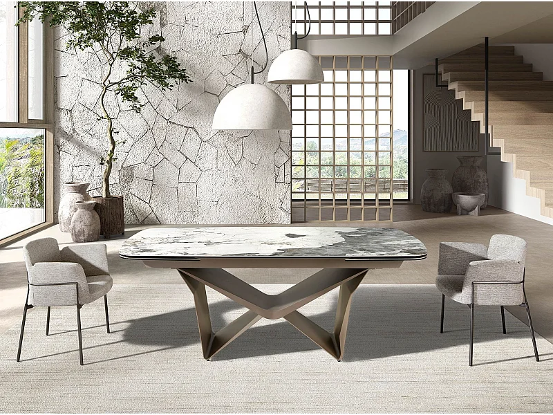 Ovaler ausziehbarer Esstisch Oval Barrel Porzellan Marmor und Taupe metallischen Stahl 1154 ANGEL CERDA