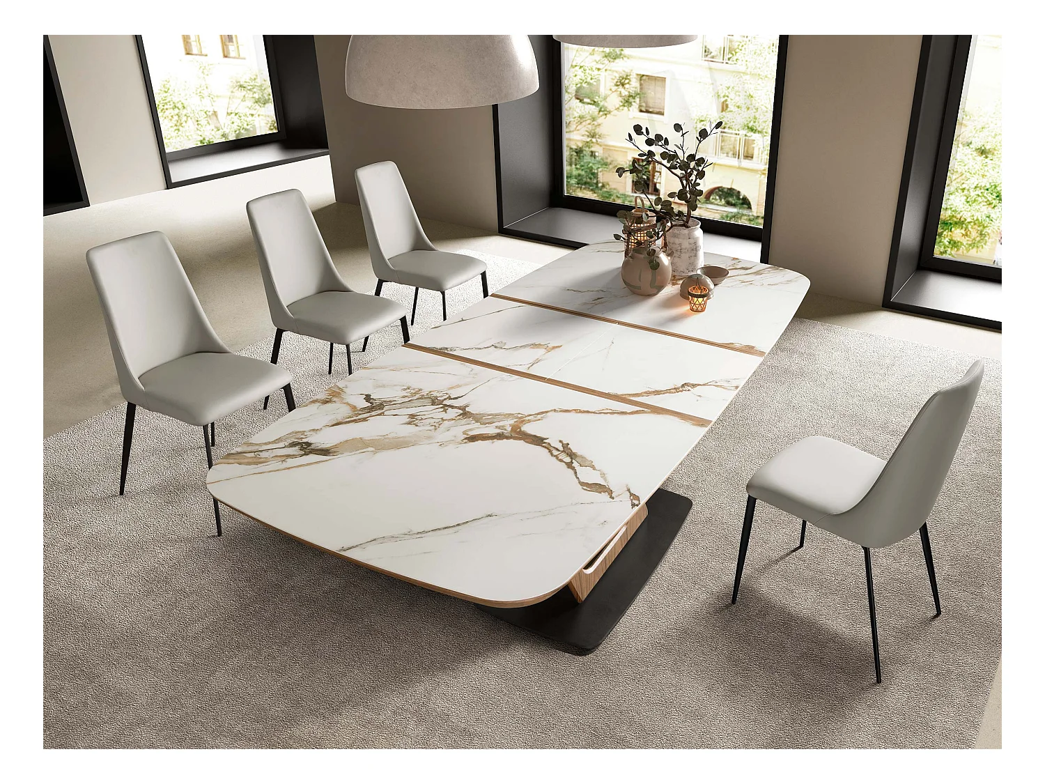 Ovale uitschuifbare eettafel met porseleinmarmer en walnotenhouten onderstel 1161 ANGEL CERDA