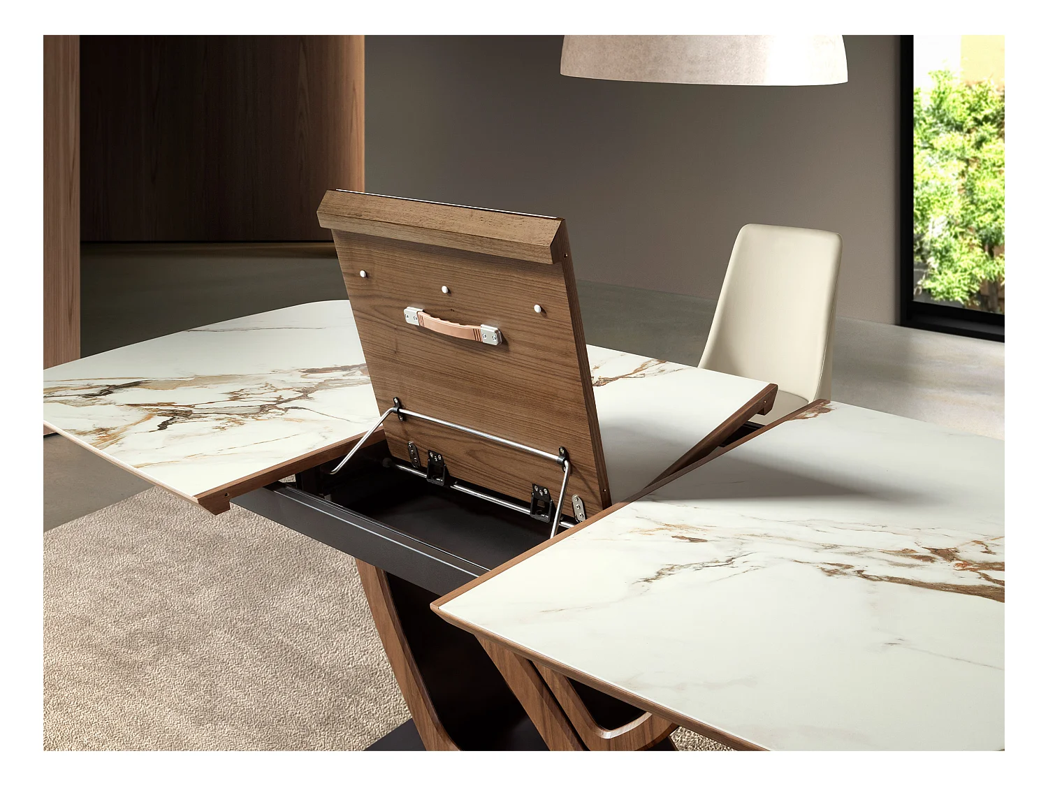 Ovale uitschuifbare eettafel met porseleinmarmer en walnotenhouten onderstel 1161 ANGEL CERDA