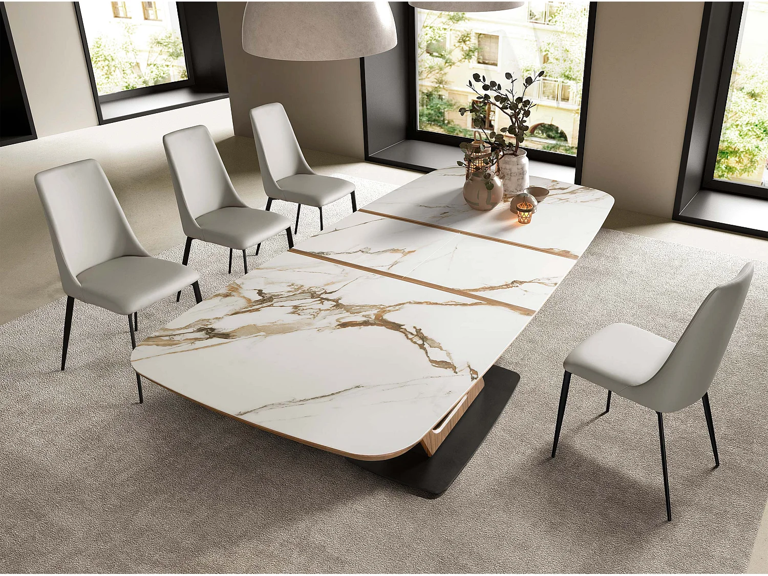 Table de salle à manger ovale à rallonge en marbre de porcelaine et tonneau en noyer 1161 ANGEL CERDA