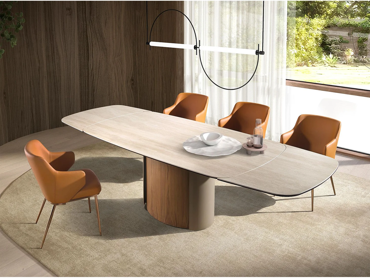 Mesa comedor extensible rectangular mármol porcelánico, acero arena metalizado y nogal 1162 ANGEL CERDA