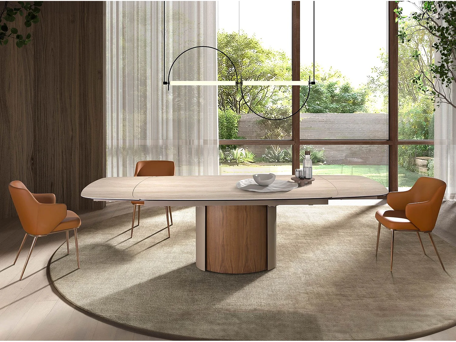 Mesa comedor extensible rectangular mármol porcelánico, acero arena metalizado y nogal 1162 ANGEL CERDA