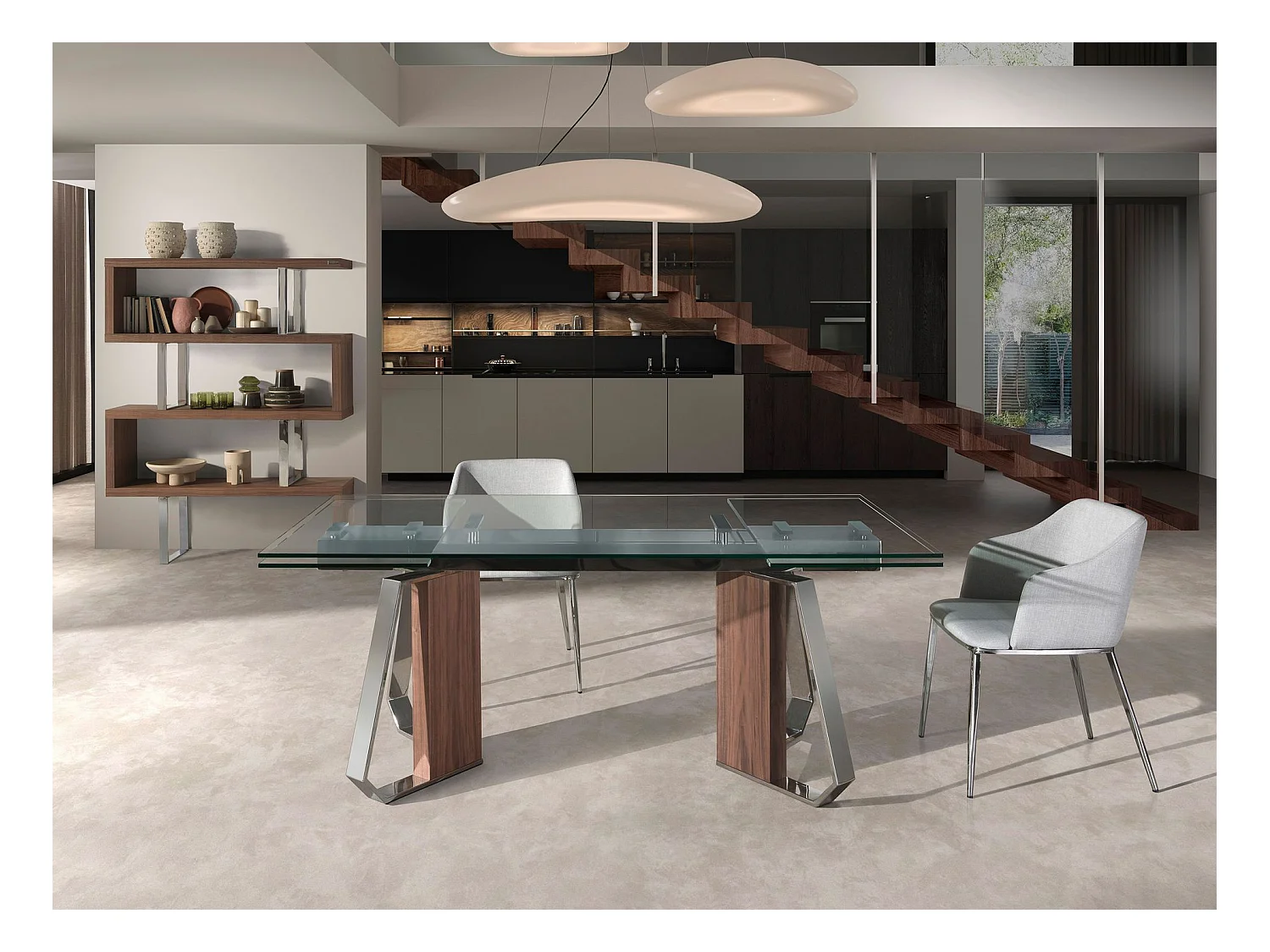 Rechteckiger ausziehbarer Esstisch aus gehärtetem Glas, Nussbaum und verchromtem Stahl 1159 ANGEL CERDA