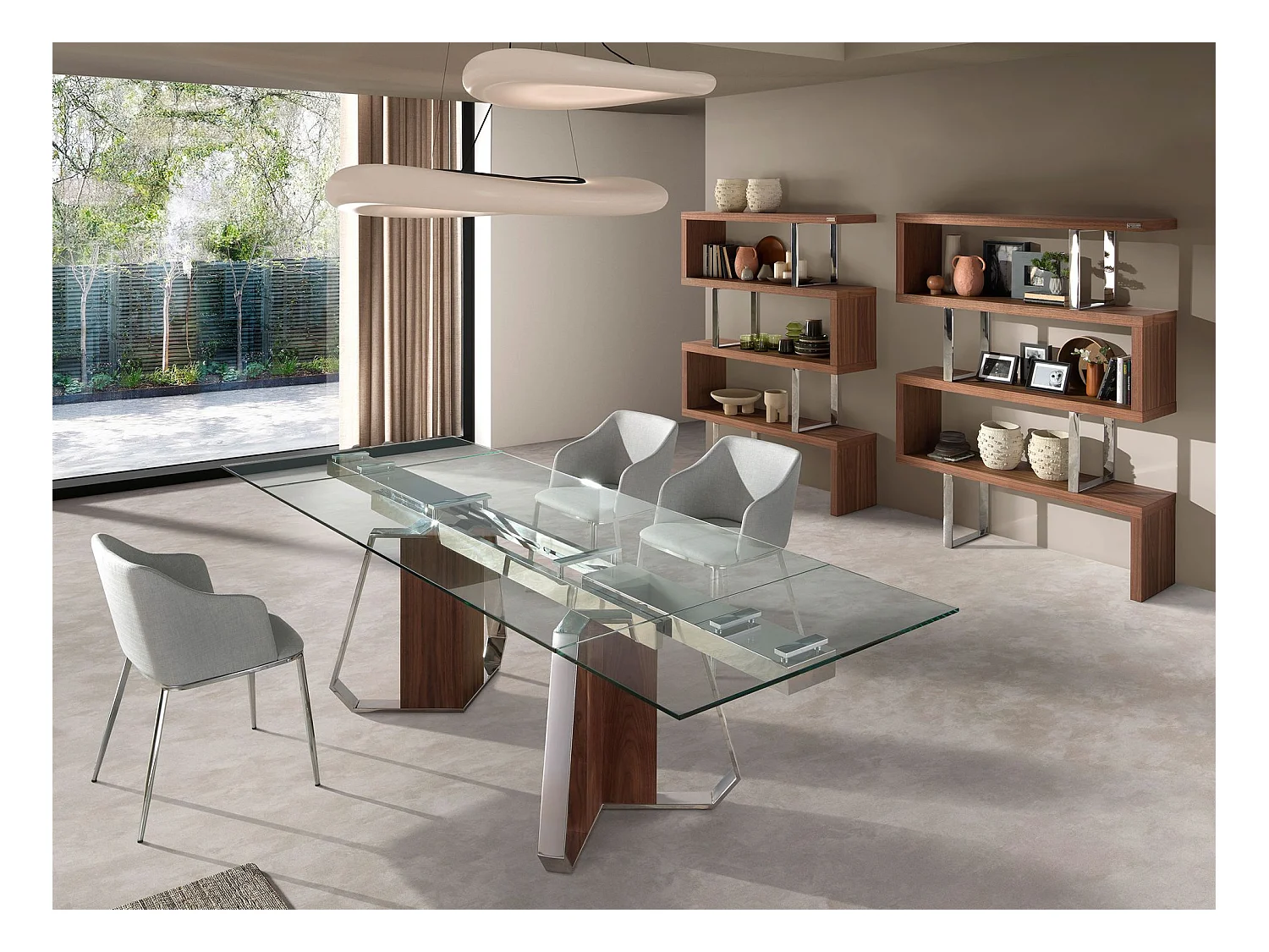 Rechteckiger ausziehbarer Esstisch aus gehärtetem Glas, Nussbaum und verchromtem Stahl 1159 ANGEL CERDA