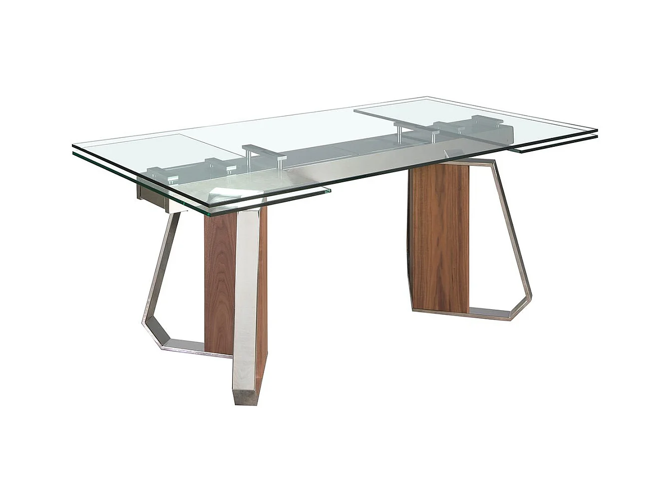 Rechteckiger ausziehbarer Esstisch aus gehärtetem Glas, Nussbaum und verchromtem Stahl 1159 ANGEL CERDA