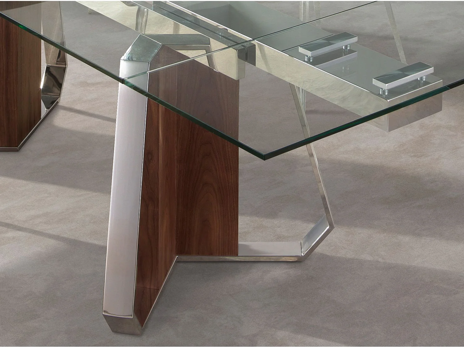 Table de salle à manger rectangulaire à rallonge en verre trempé, noyer et acier chromé 1159 ANGEL CERDA