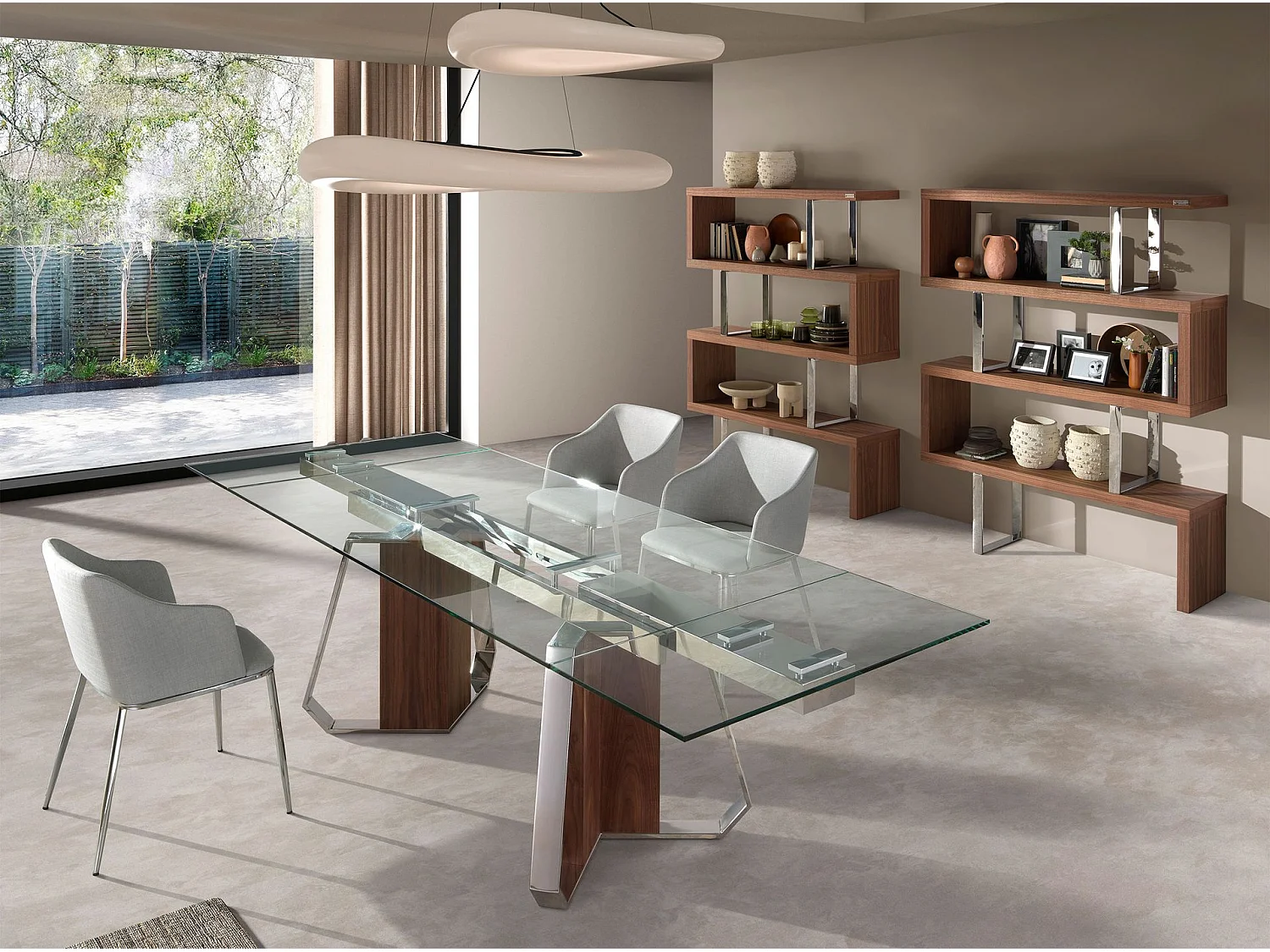 Rechthoekige uitschuifbare eettafel in gehard glas, walnoot en verchroomd staal 1159 ANGEL CERDA