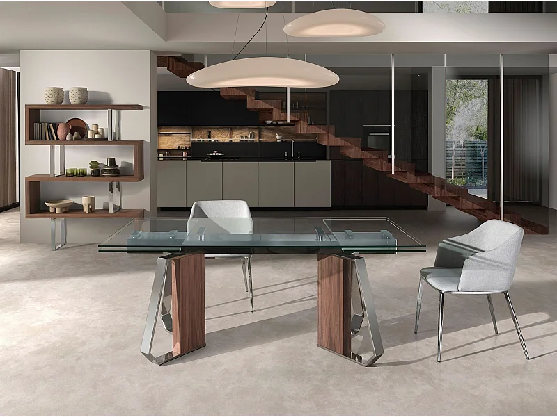 Rechthoekige uitschuifbare eettafel in gehard glas, walnoot en verchroomd staal 1159 ANGEL CERDA