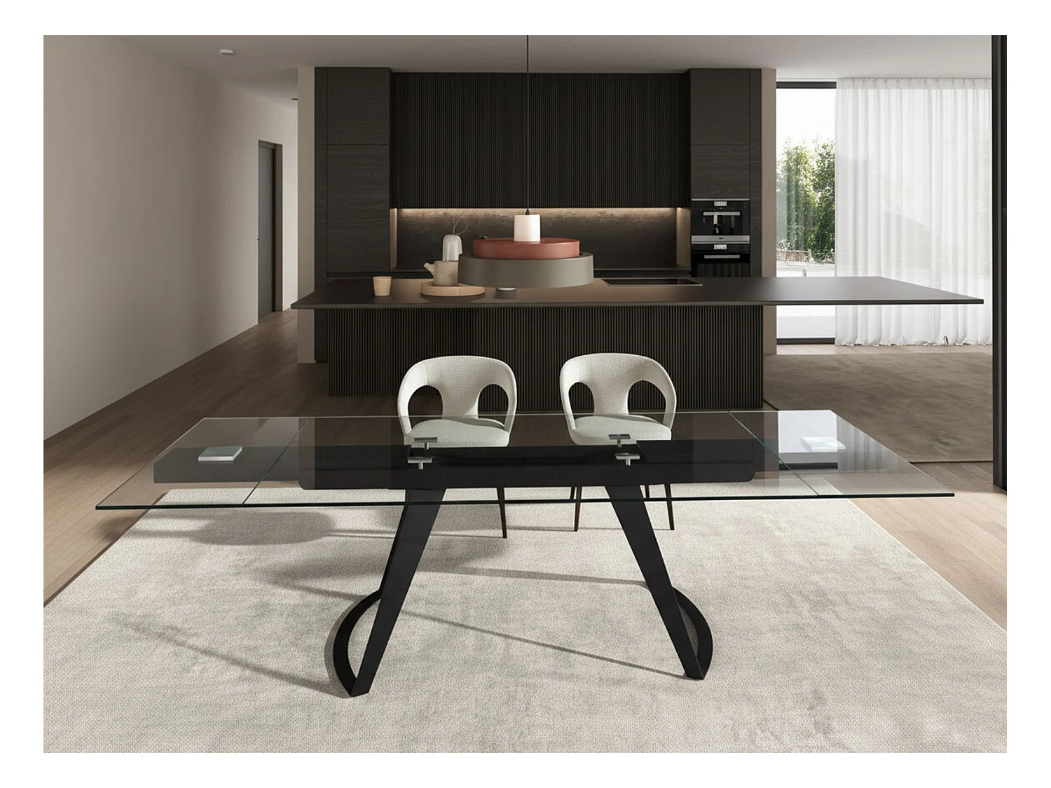 Rechteckiger ausziehbarer Esstisch aus gehärtetem Glas und schwarzem Stahl 1150 ANGEL CERDA