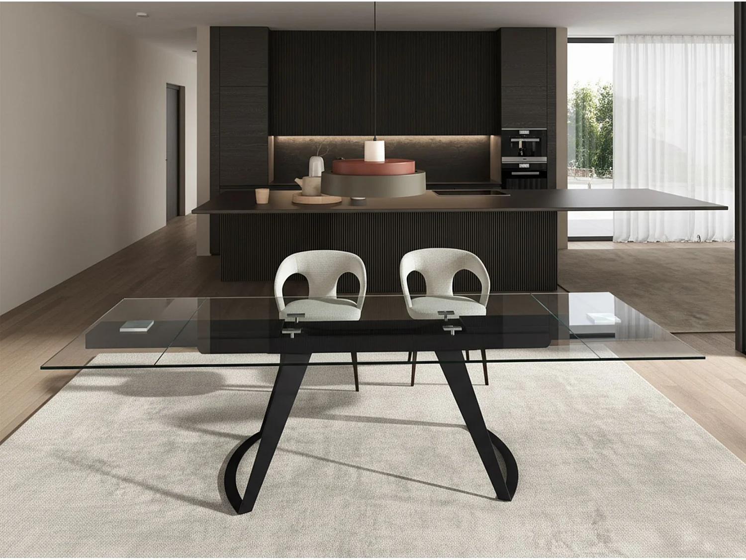 Table à manger extensible rectangulaire en verre trempé et acier noir 1150 ANGEL CERDA