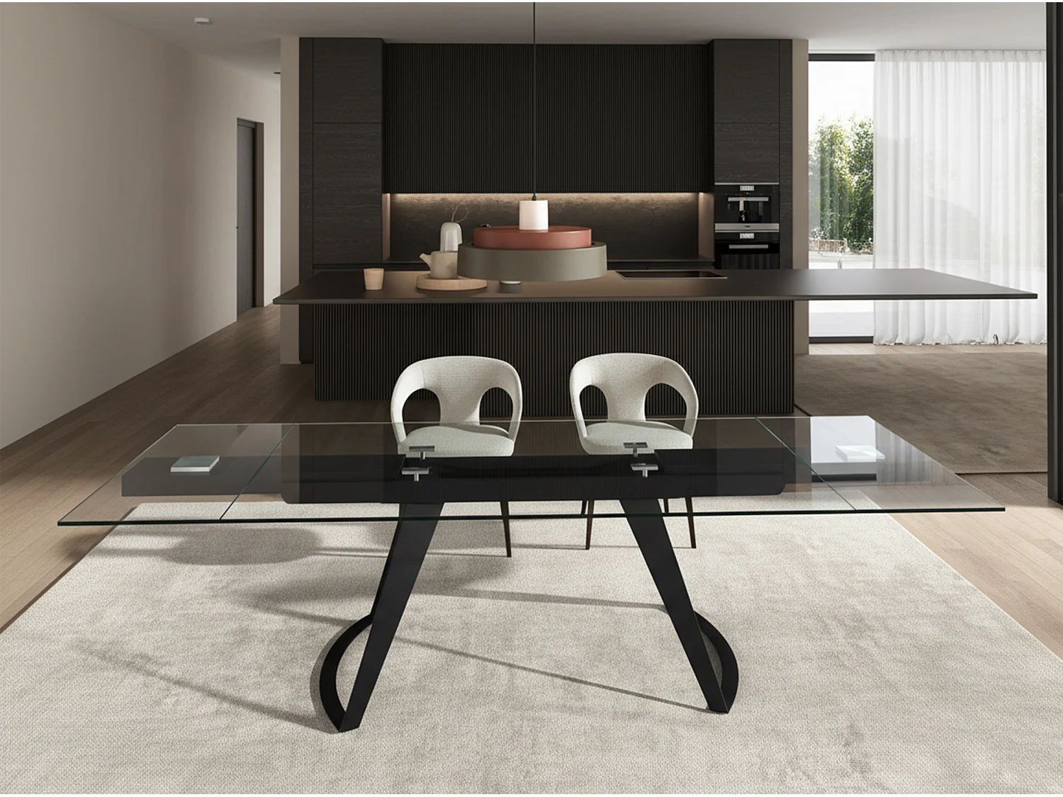 Table à manger extensible rectangulaire en verre trempé et acier noir 1150 ANGEL CERDA