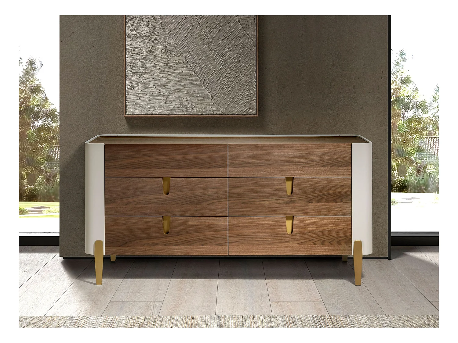 Commode en bois beige, acier poli doré et plateau en noyer 7185 ANGEL CERDA