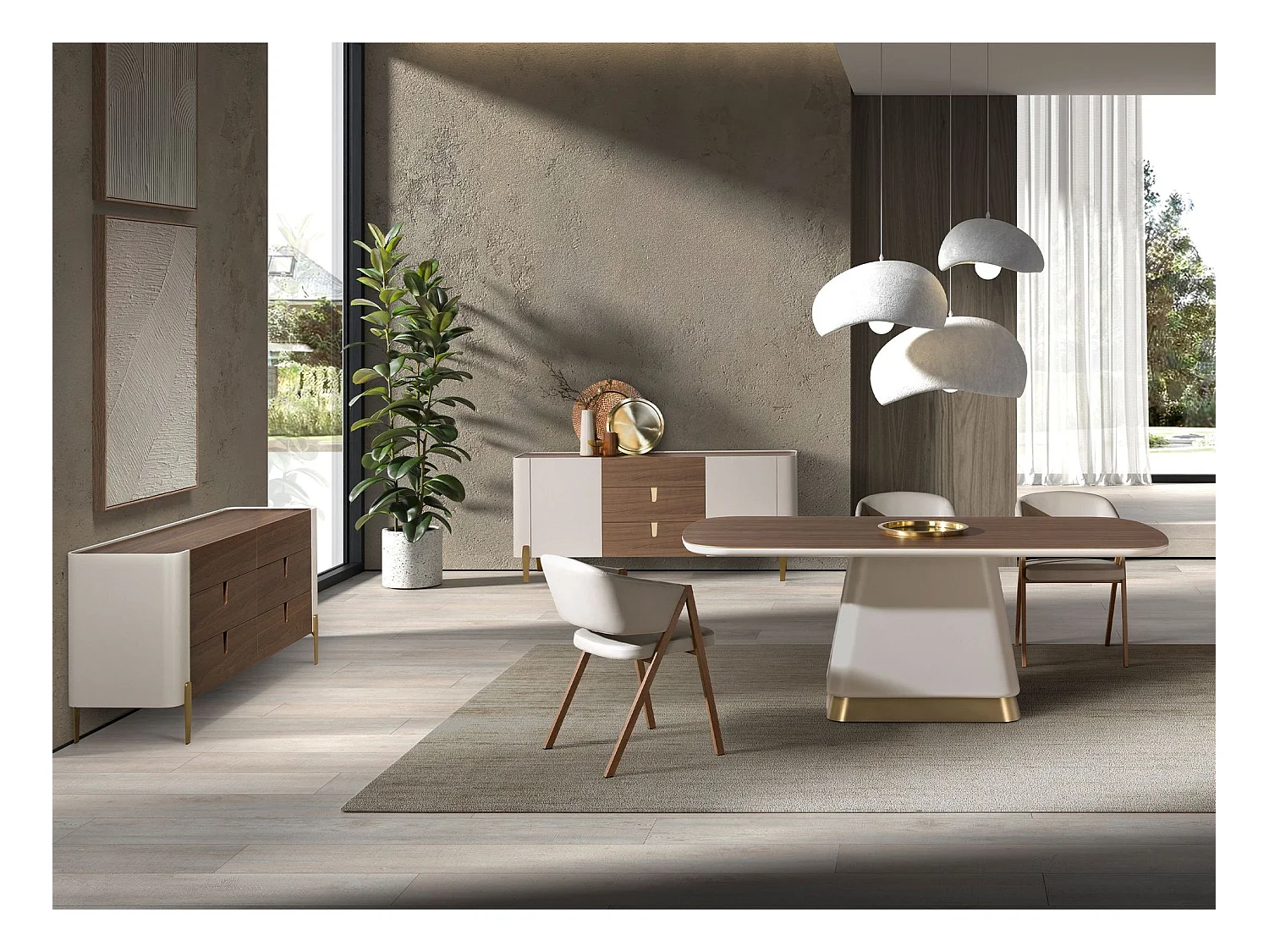 Commode en bois beige, acier poli doré et plateau en noyer 7185 ANGEL CERDA