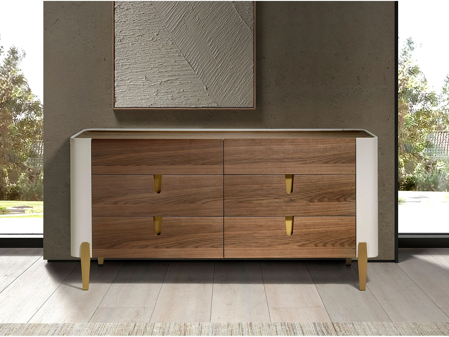 Cassettiera in legno beige, acciaio lucido dorato e piano in noce 7185 ANGEL CERDA