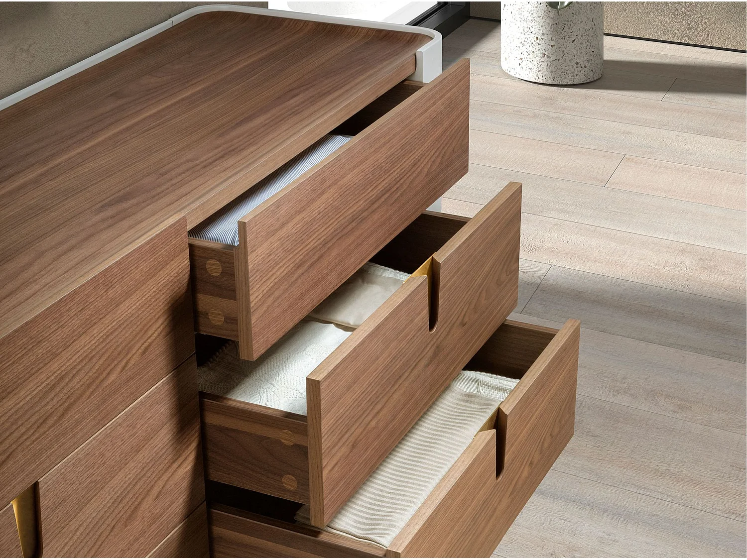 Cassettiera in legno beige, acciaio lucido dorato e piano in noce 7185 ANGEL CERDA