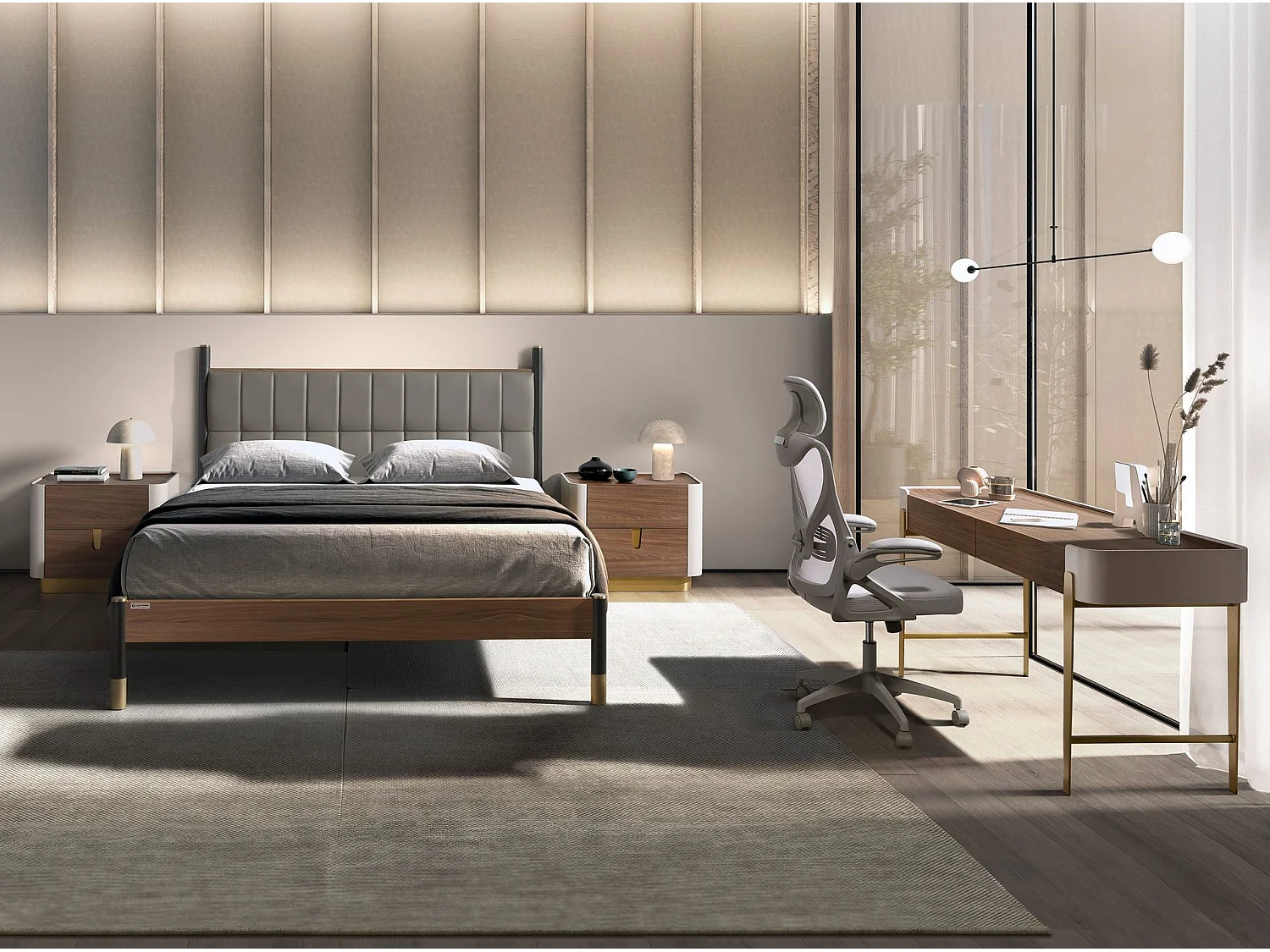 Bureau en noyer, beige et acier poli doré 7186 ANGEL CERDA