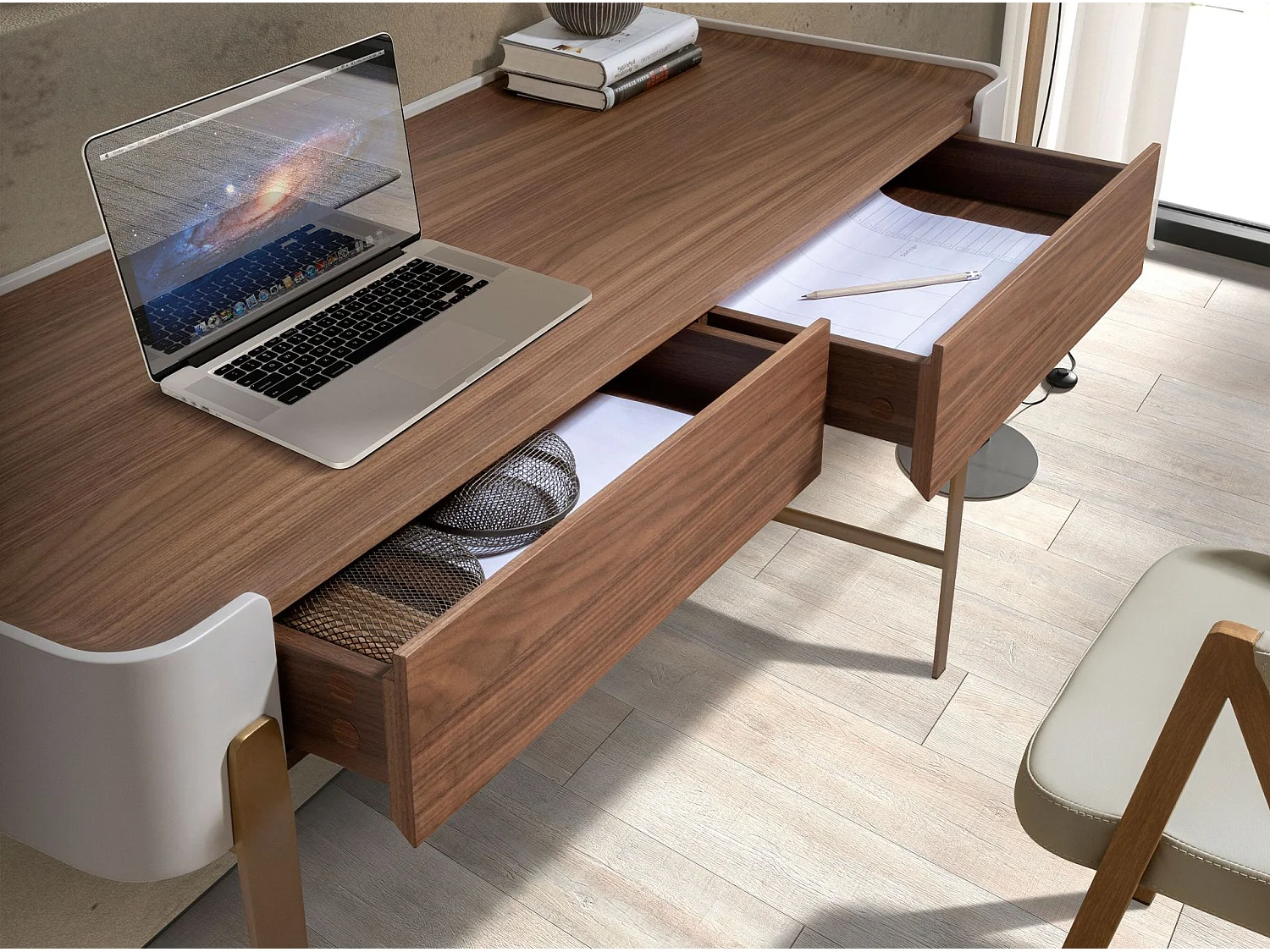 Bureau en noyer, beige et acier poli doré 7186 ANGEL CERDA