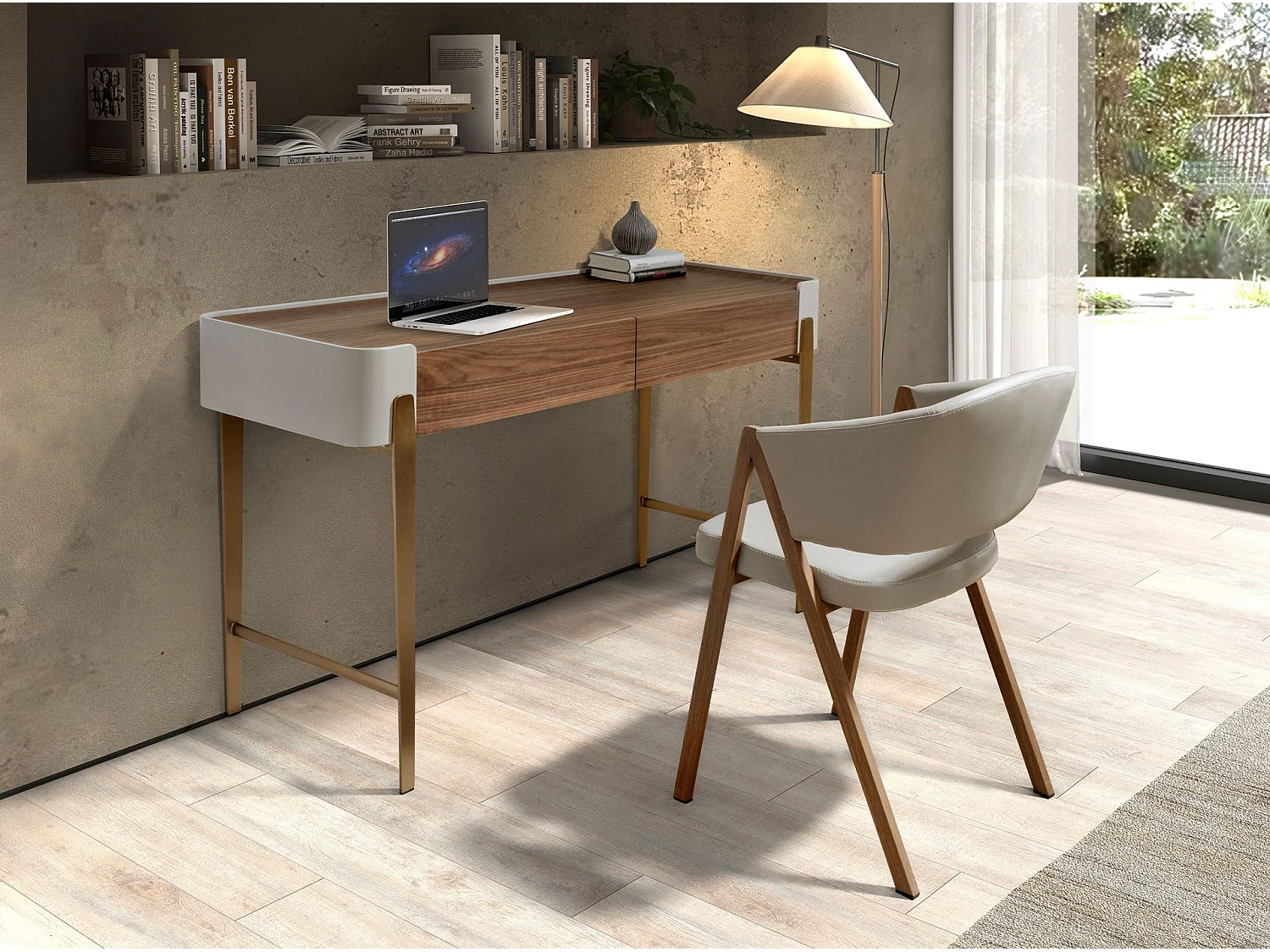 Bureau en noyer, beige et acier poli doré 7186 ANGEL CERDA