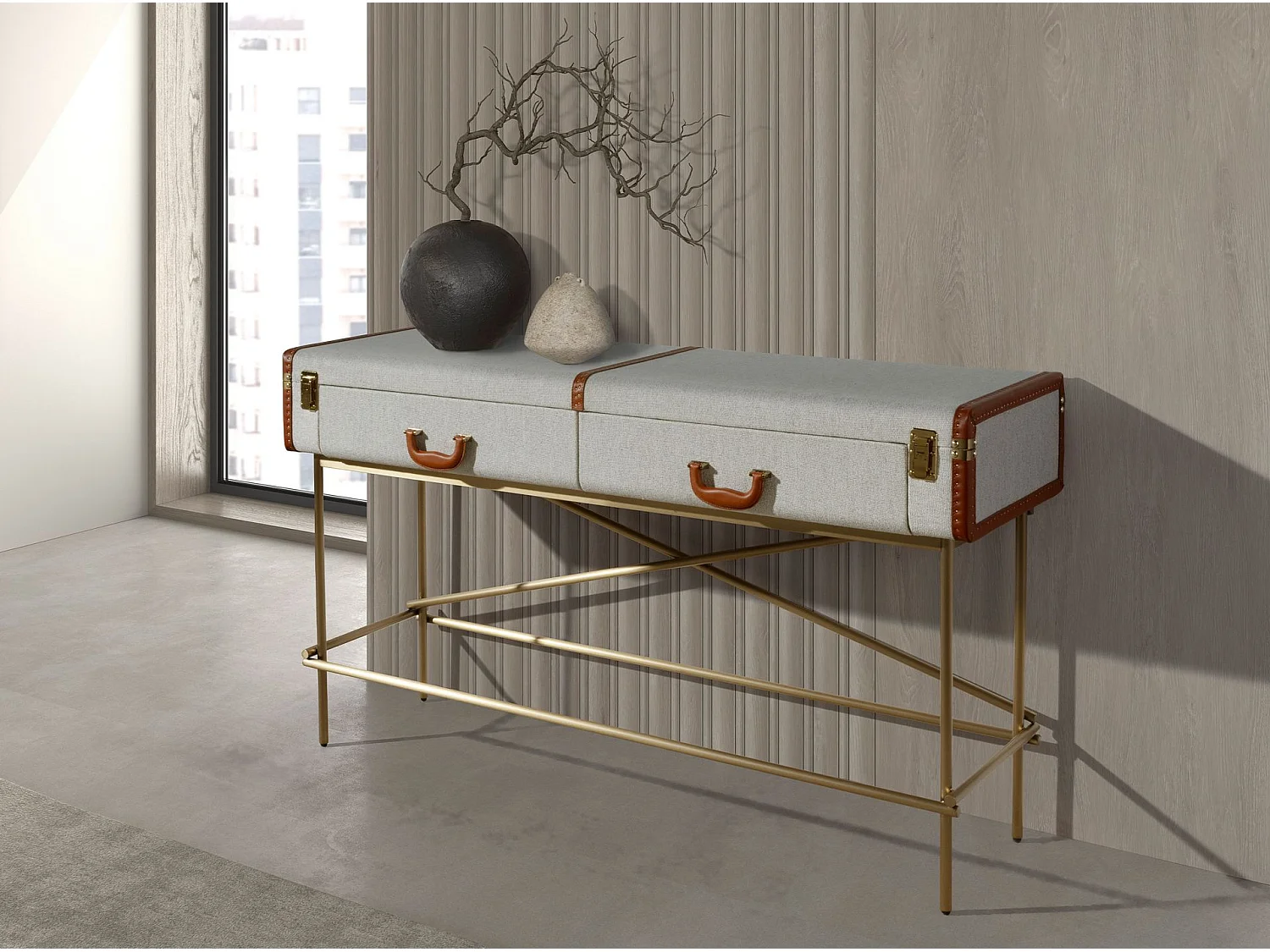 Table console rectangulaire, tissu, noyer et acier poli doré 3271 ANGEL CERDA