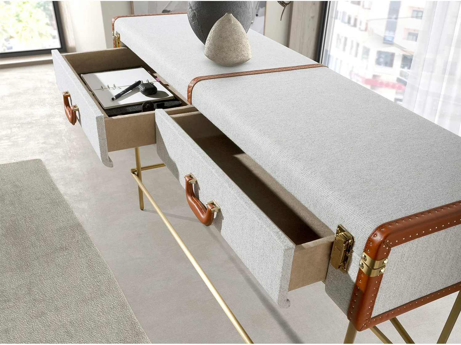 Table console rectangulaire, tissu, noyer et acier poli doré 3271 ANGEL CERDA