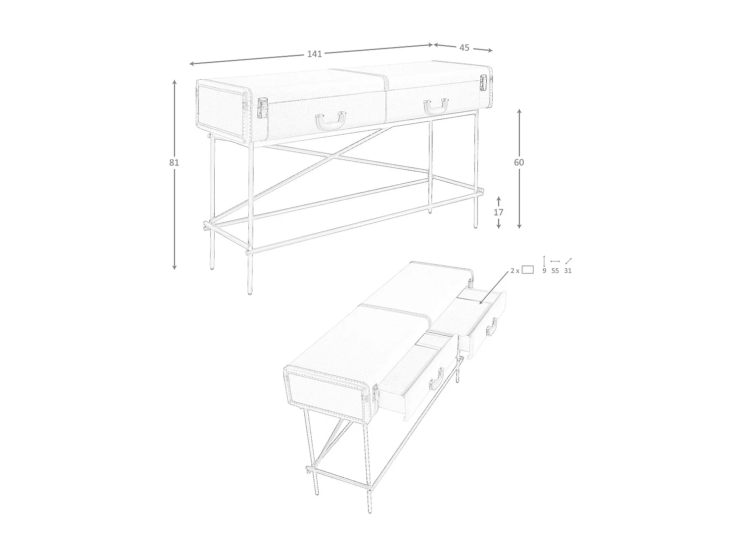 Table console rectangulaire, tissu, noyer et acier poli doré 3271 ANGEL CERDA