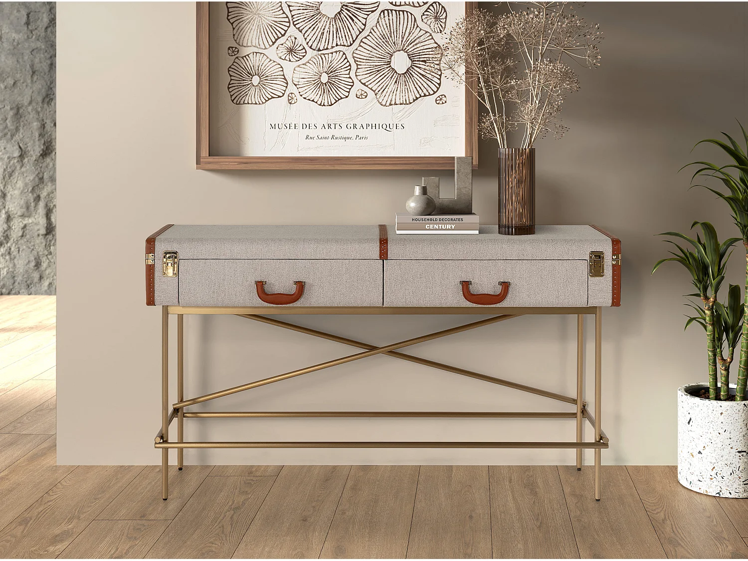 Table console rectangulaire, tissu, noyer et acier poli doré 3271 ANGEL CERDA