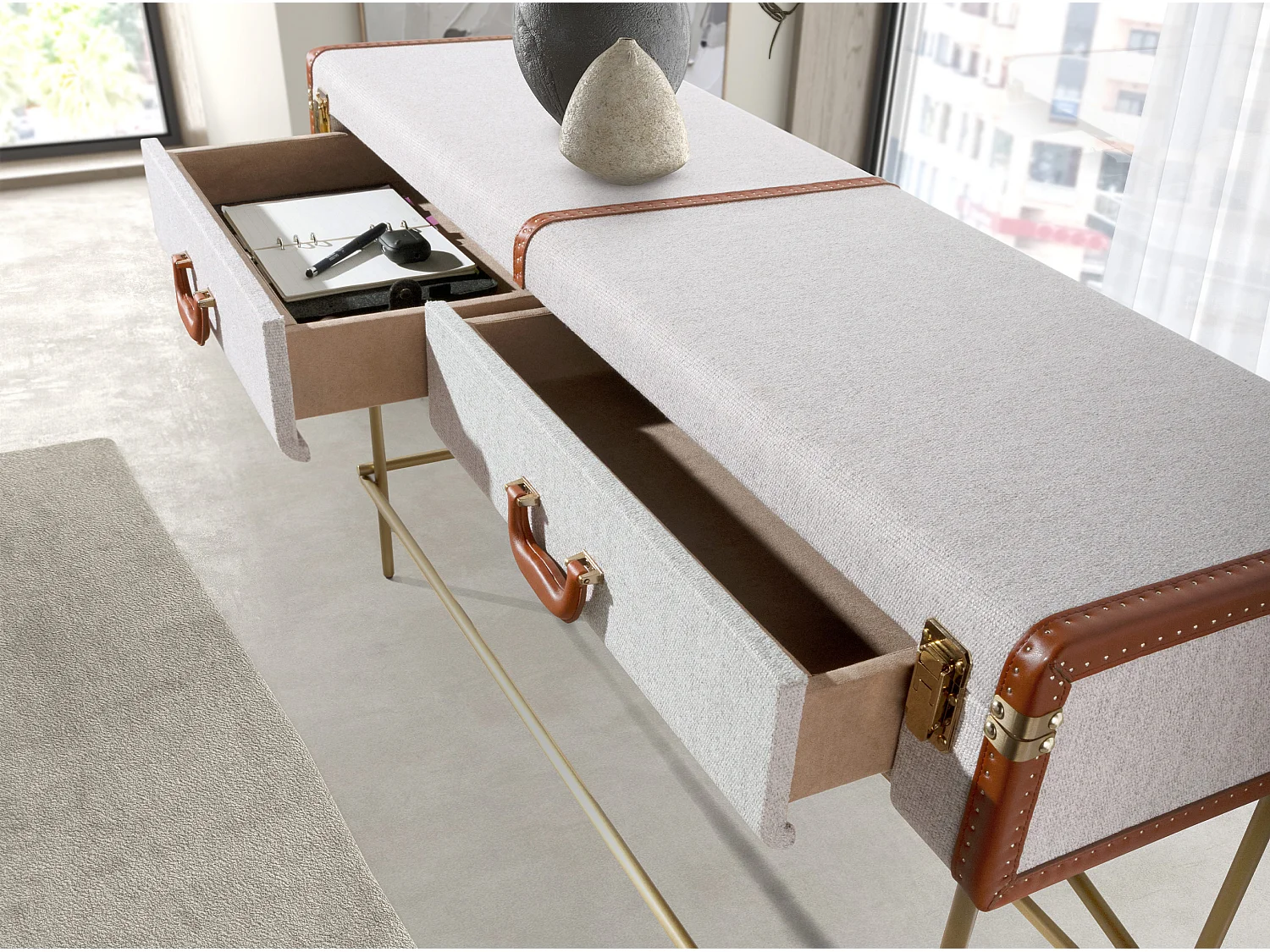 Table console rectangulaire, tissu, noyer et acier poli doré 3271 ANGEL CERDA