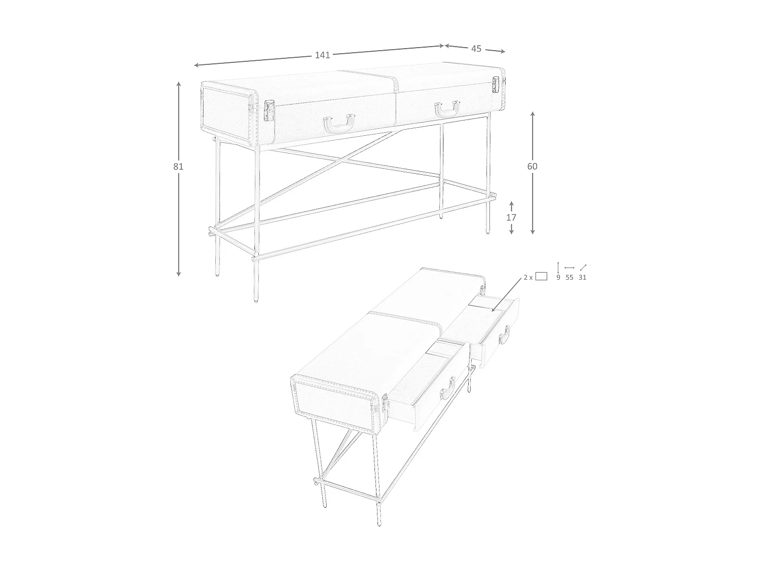 Table console rectangulaire, tissu, noyer et acier poli doré 3271 ANGEL CERDA