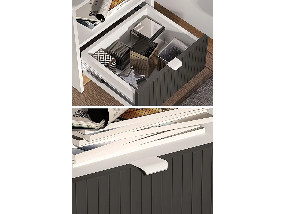 NACHTKONSOLE Torino Weiß / Eiche Castello / Graphit 43 / 34 / 48cm (2er-Set)